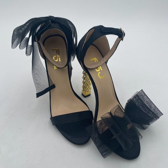FSJ Black Mesh Gold Metal Chain Chunky High Heels Ankle Strap Open Toe Sandals - Picture 4 of 8